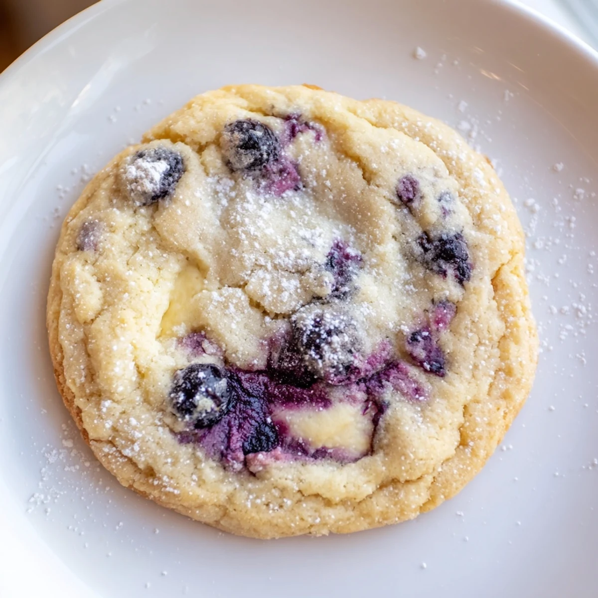 Chewy lemon blueberry cheesecake cookies studded with purple berries and dusted with powdered sugar.