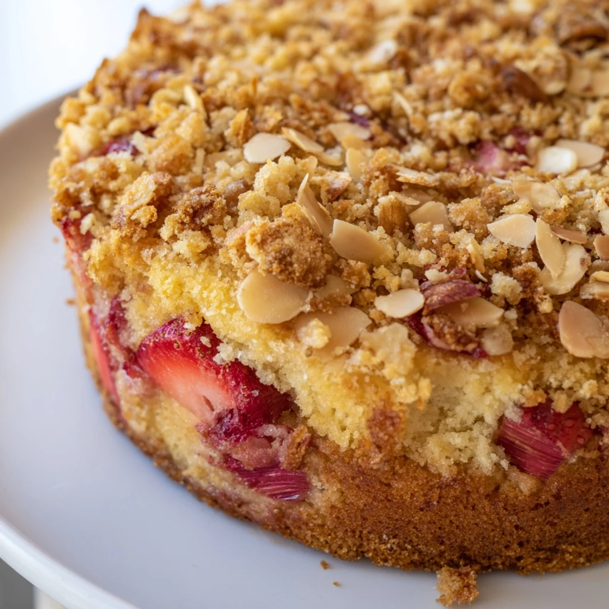 Golden Ultimate Spring Baking Treat topped with crunchy almond streusel and fresh strawberries