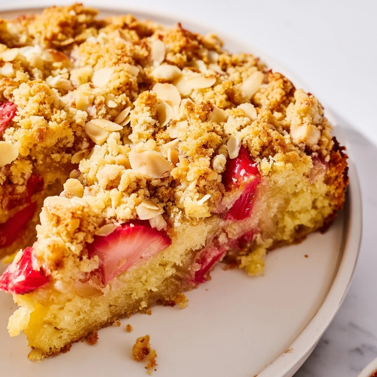 Slice of Ultimate Spring Baking Treat revealing tender lemon cake with ruby rhubarb filling