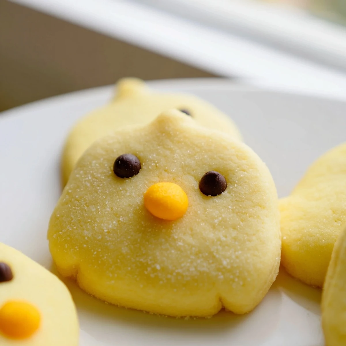 Adorable chick cookies with bright yellow frosting and candy eyes on a rustic baking sheet