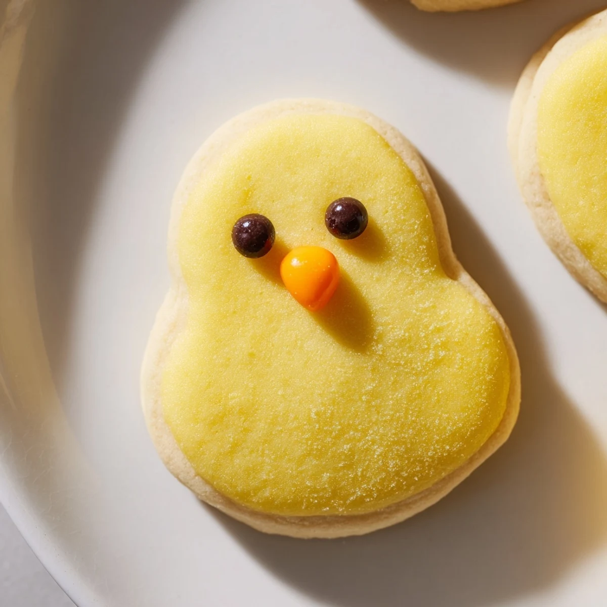 Buttery chick cookies decorated with chocolate chip eyes and orange candy beaks for spring