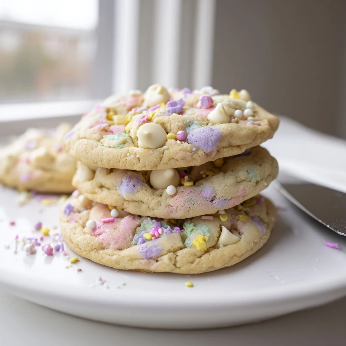 Soft pastel white chocolate cookies with gooey chips on a rustic baking sheet