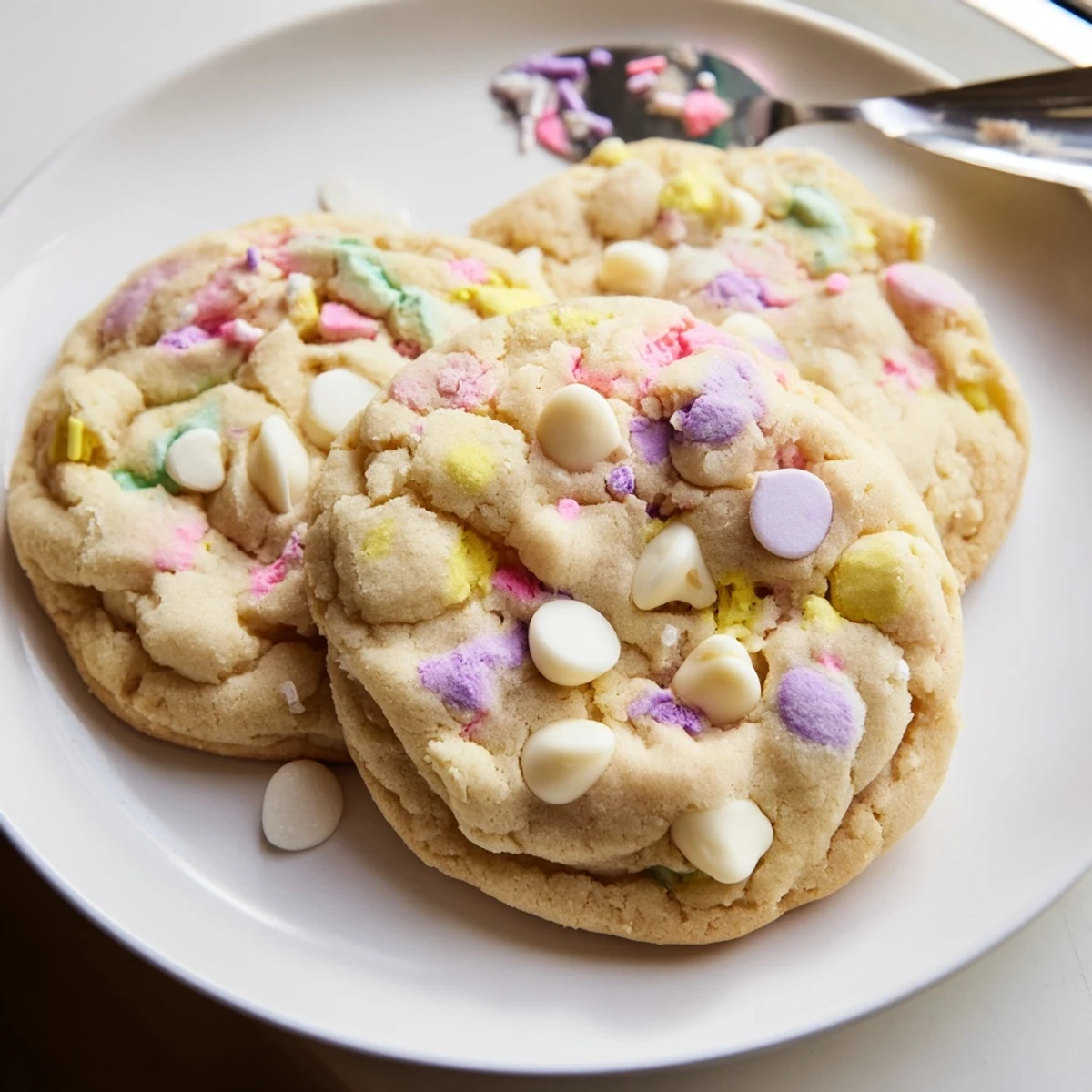 Chewy pastel white chocolate cookies topped with colorful sprinkles on a cooling rack