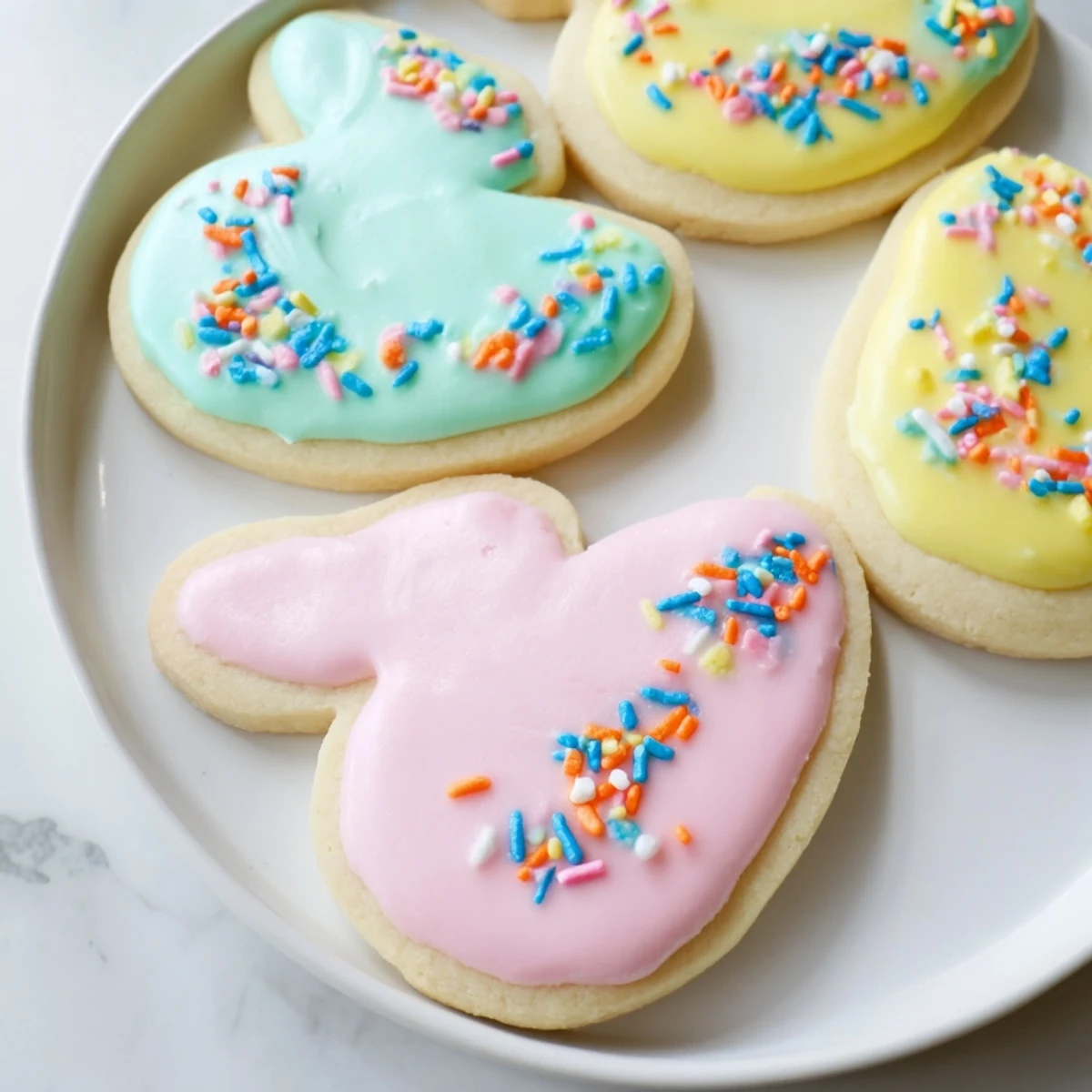 Buttery Easter cookies topped with colorful sprinkles arranged on a rustic serving tray