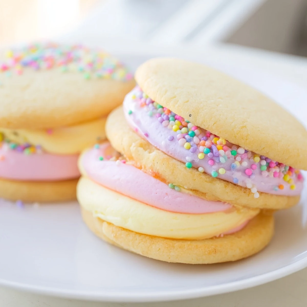 Soft pastel sugar cookie sandwiches with swirled buttercream filling on a rustic white plate