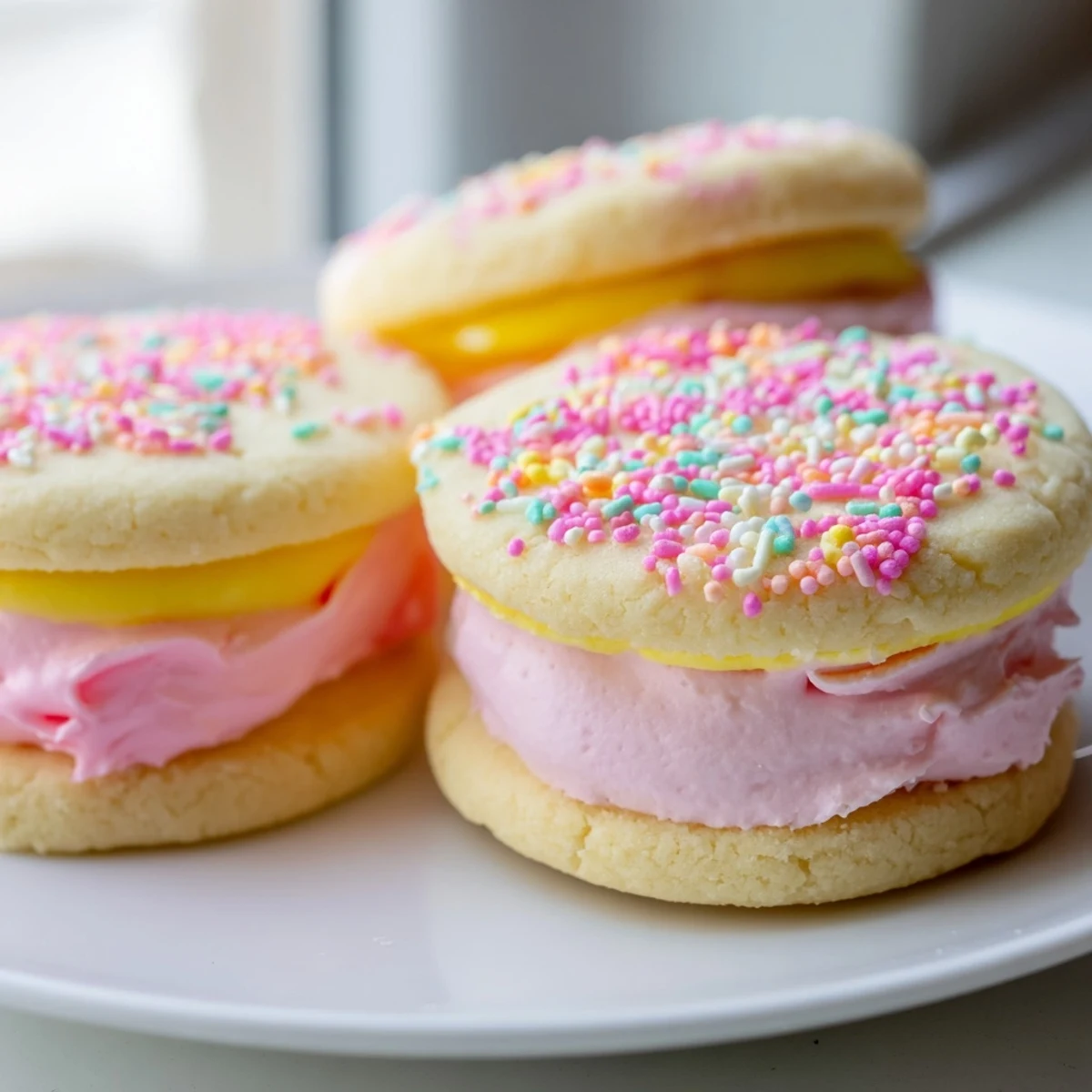 Delicate sugar cookie sandwiches showcase layers of pink and lavender buttercream frosting beautifully