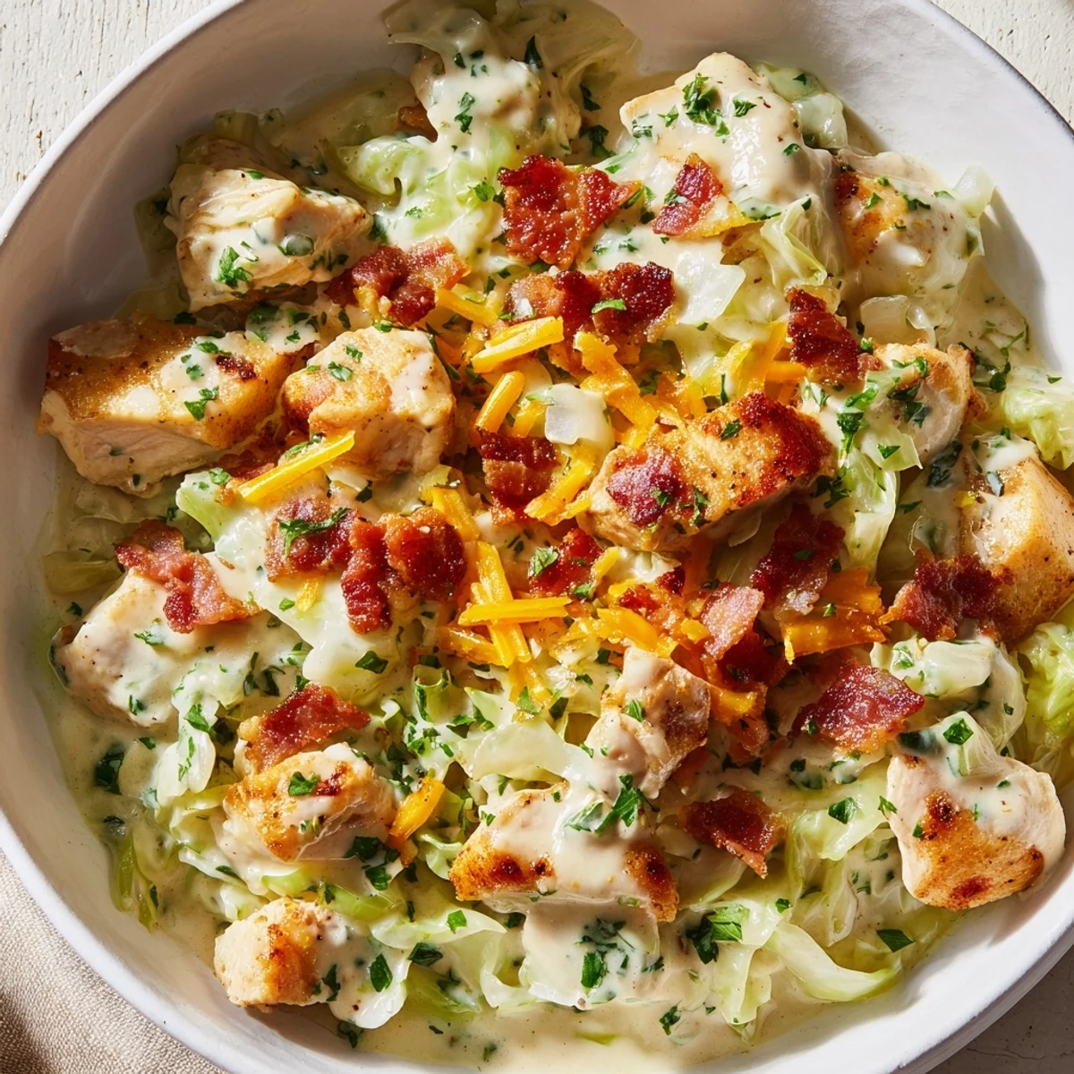 Creamy chicken bacon ranch cabbage bowls topped with melted cheddar and fresh green onions