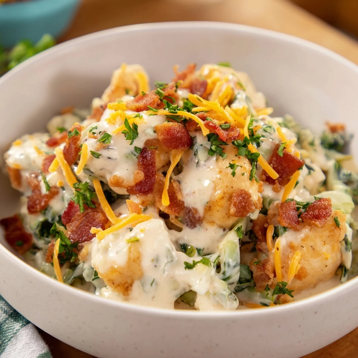 Tender chicken and crispy bacon tossed in creamy ranch sauce over sautéed green cabbage
