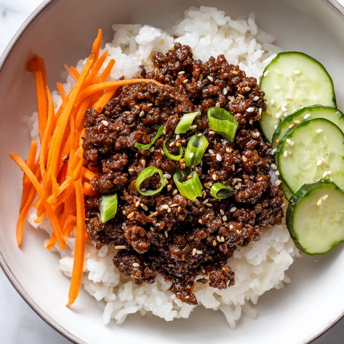 Savory Korean beef bowls topped with fresh vegetables and sesame seeds over steamed white rice