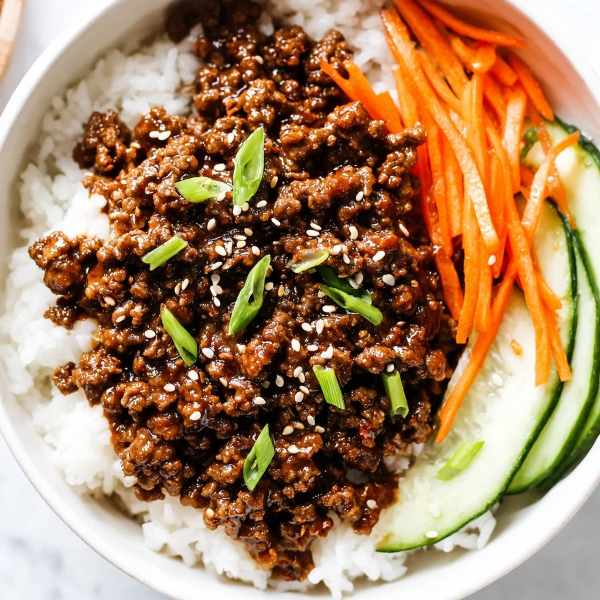 Ground Korean beef bowls served on fluffy jasmine rice with crisp carrots and cucumber