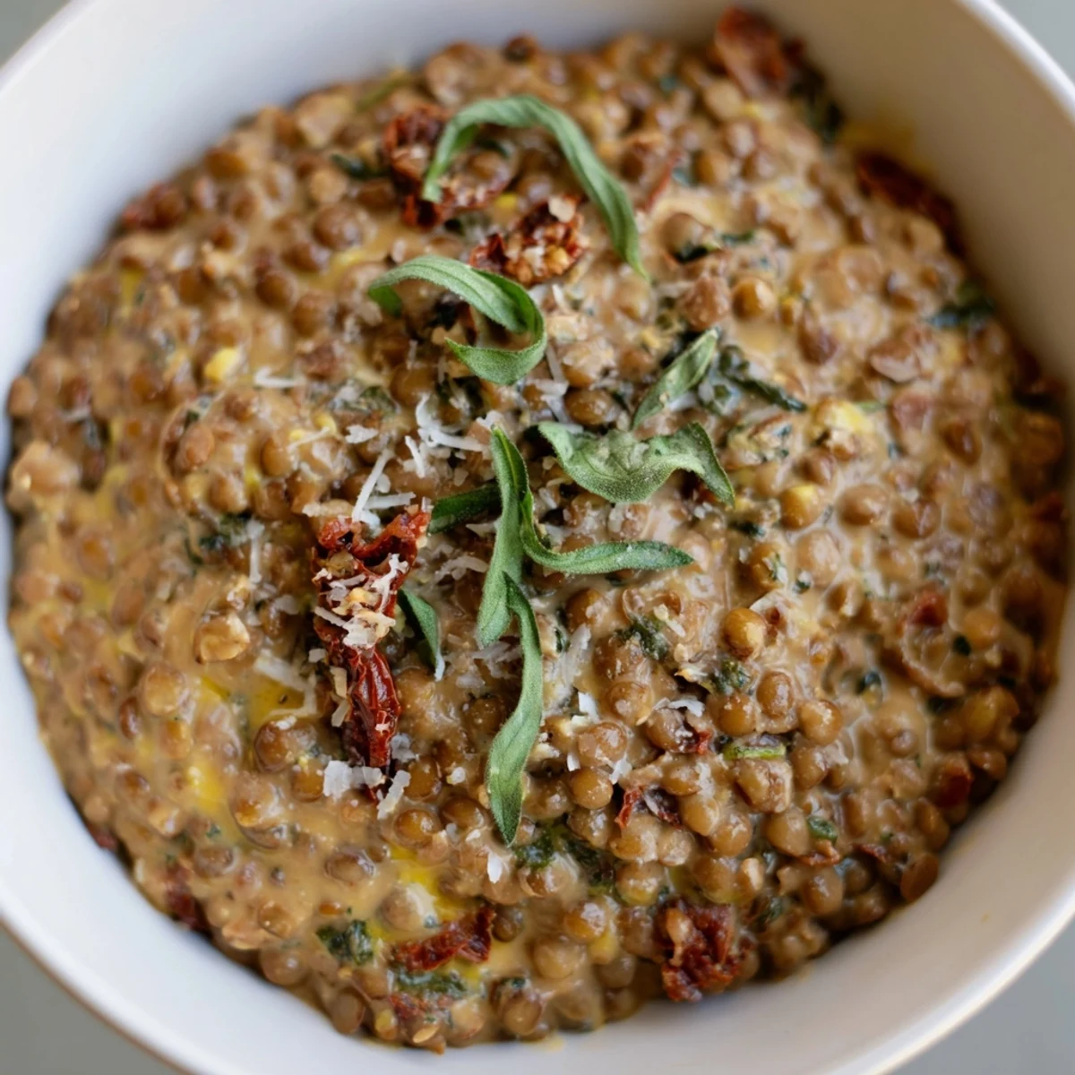 Creamy Marry Me Lentils swimming in rich sun-dried tomato sauce with fresh basil garnish