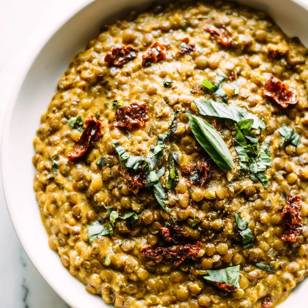 Steaming bowl of Marry Me Lentils topped with grated Parmesan and aromatic herbs