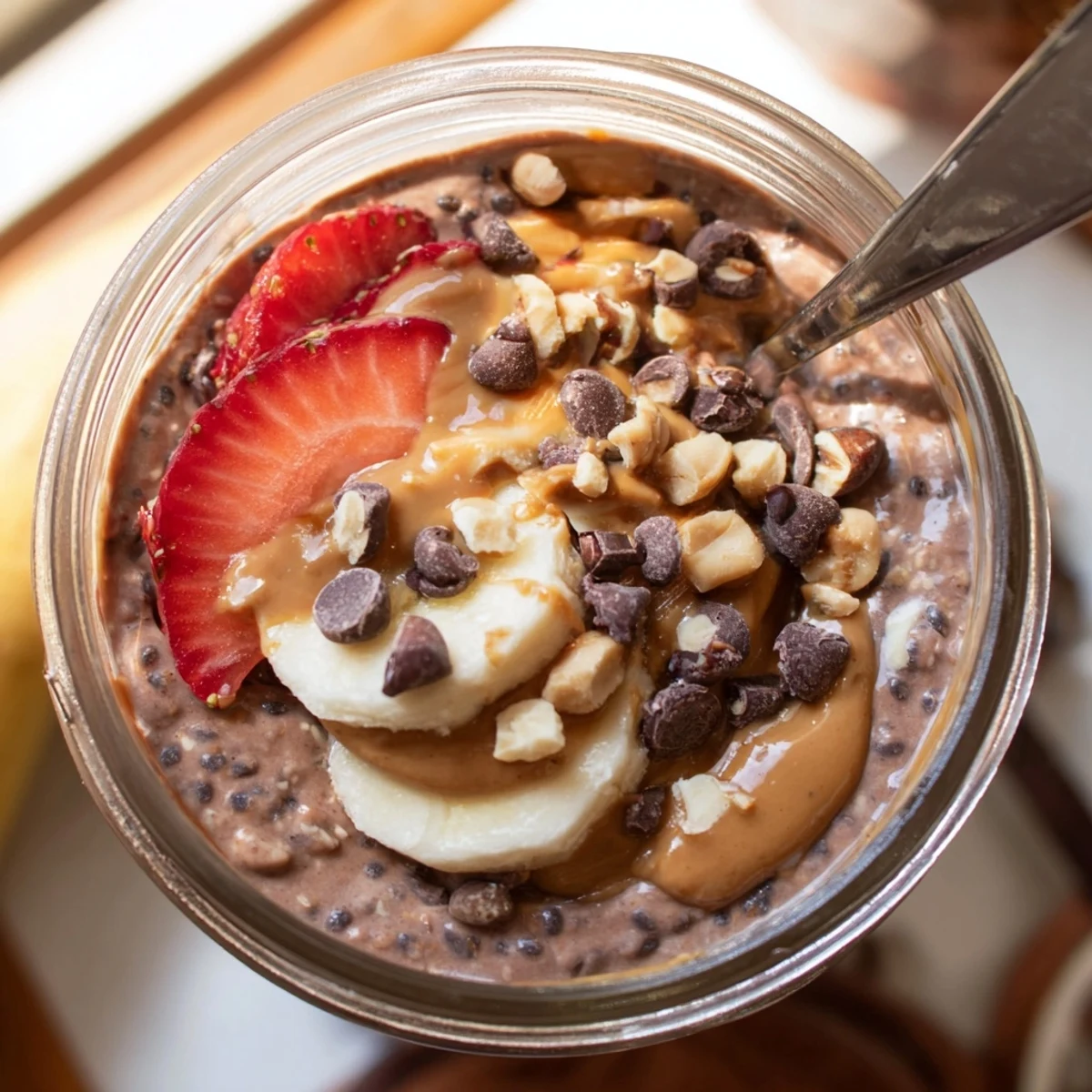 Creamy chocolate peanut butter overnight oats topped with chocolate chips in a glass jar