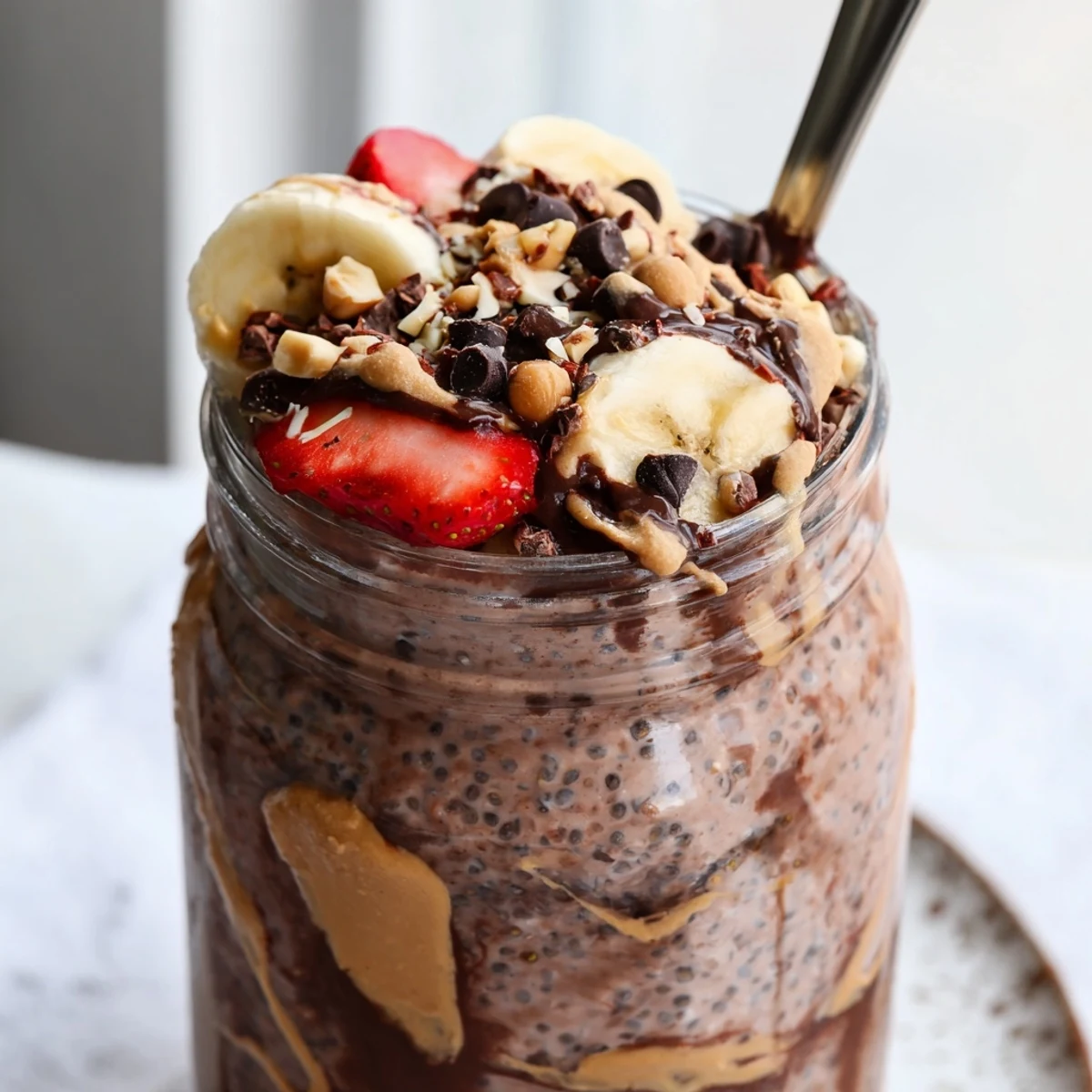 Rich chocolate peanut butter overnight oats served in mason jars with crunchy peanut garnish