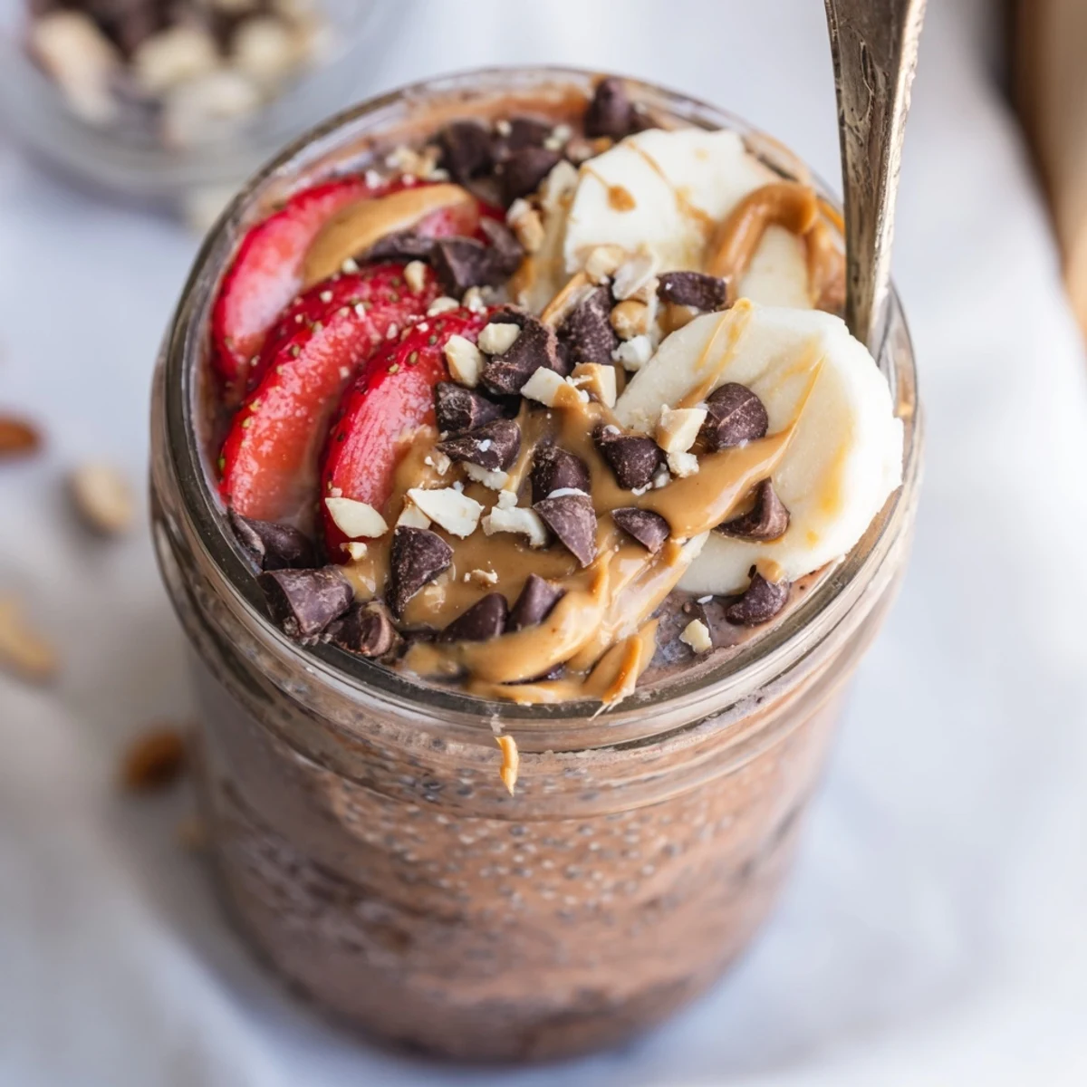 Thick chocolate peanut butter overnight oats swirled with peanut butter and fresh banana slices