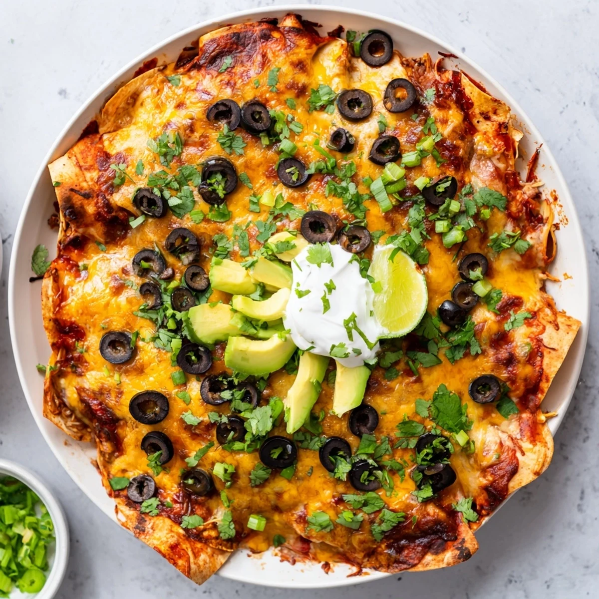 Golden melted cheese tops this cheesy shredded chicken enchilada bake with colorful garnishes