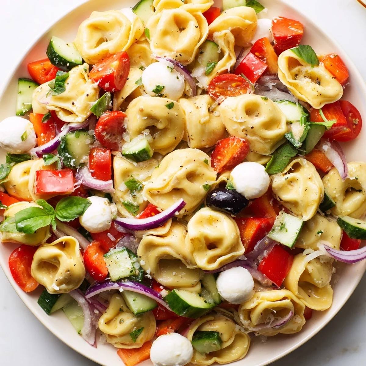 Creamy cheese tortellini salad tossed with fresh tomatoes, cucumber, and mozzarella balls