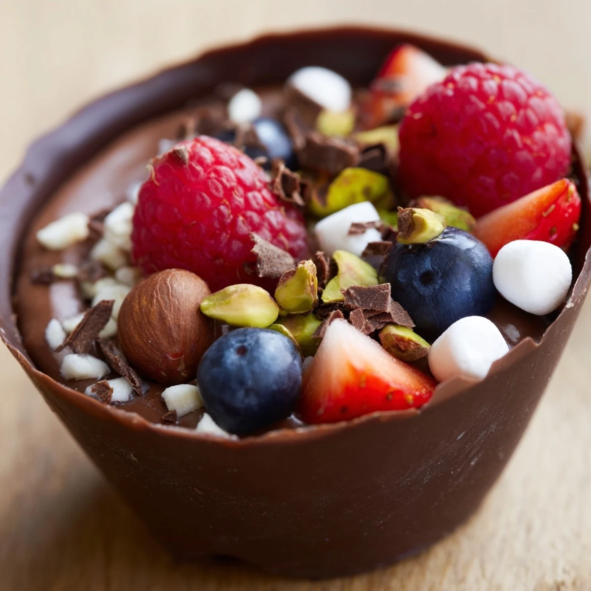 Decadent chocolate grazing cups filled with silky mousse and topped with fresh berries