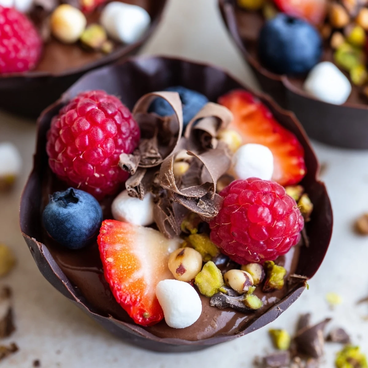 Rich chocolate mousse cups garnished with berries, nuts, and chocolate curls