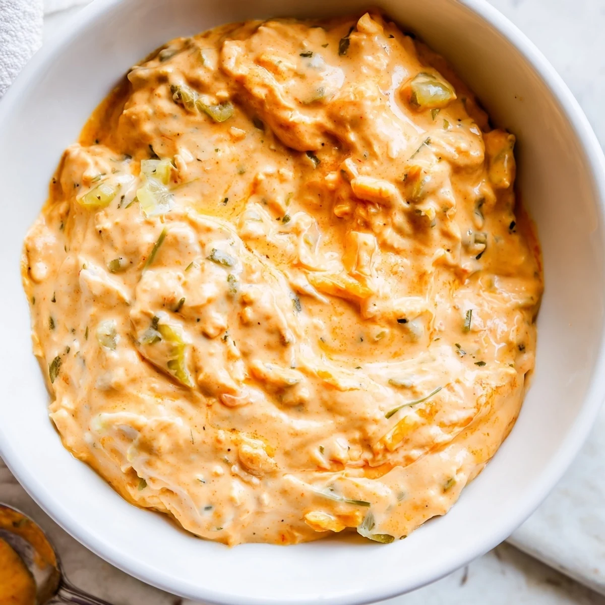 Creamy Buffalo pickle dip in a rustic bowl with chips and veggie dippers nearby