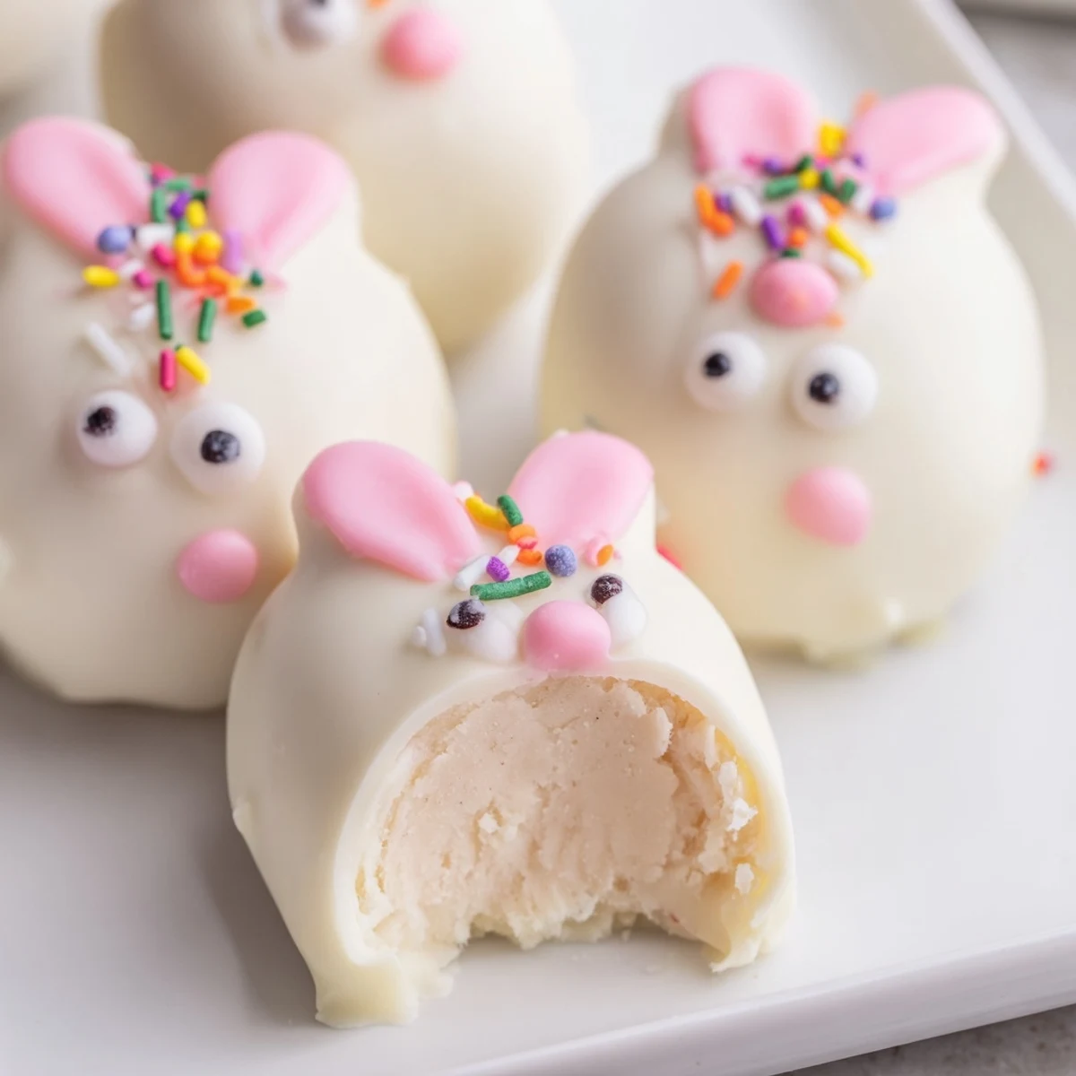 Adorable white chocolate bunny cakesicles with candy eyes on a festive Easter dessert tray