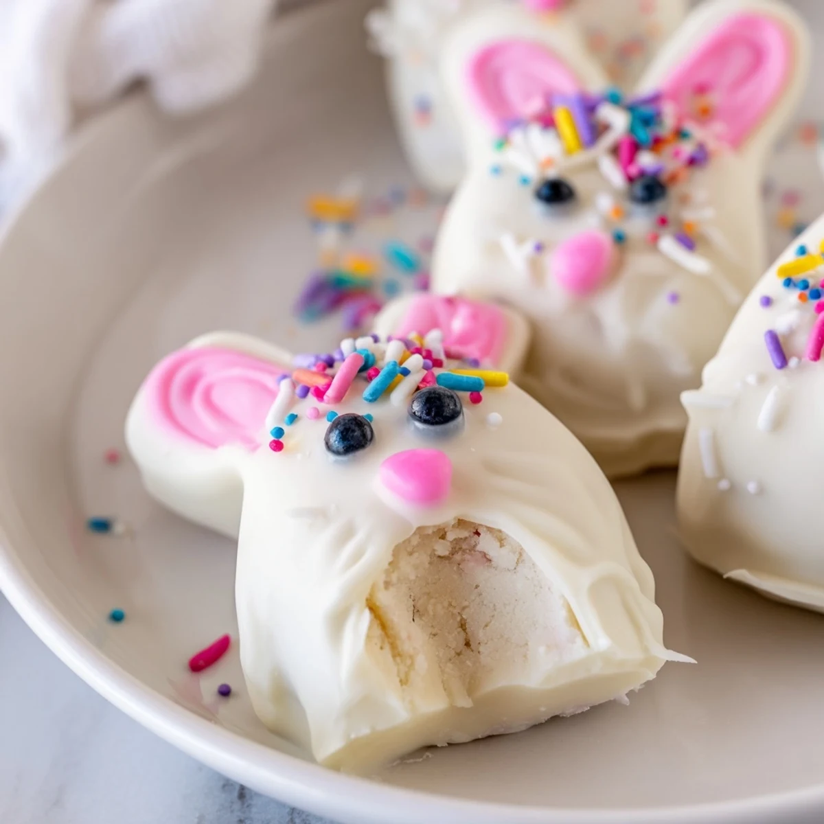 Creamy white chocolate bunny cakesicles decorated with pink ears and colorful spring sprinkles