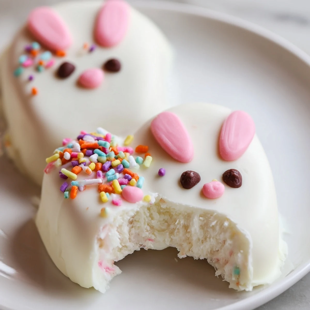 Homemade bunny cakesicles dipped in smooth white chocolate and adorned with sweet fondant faces