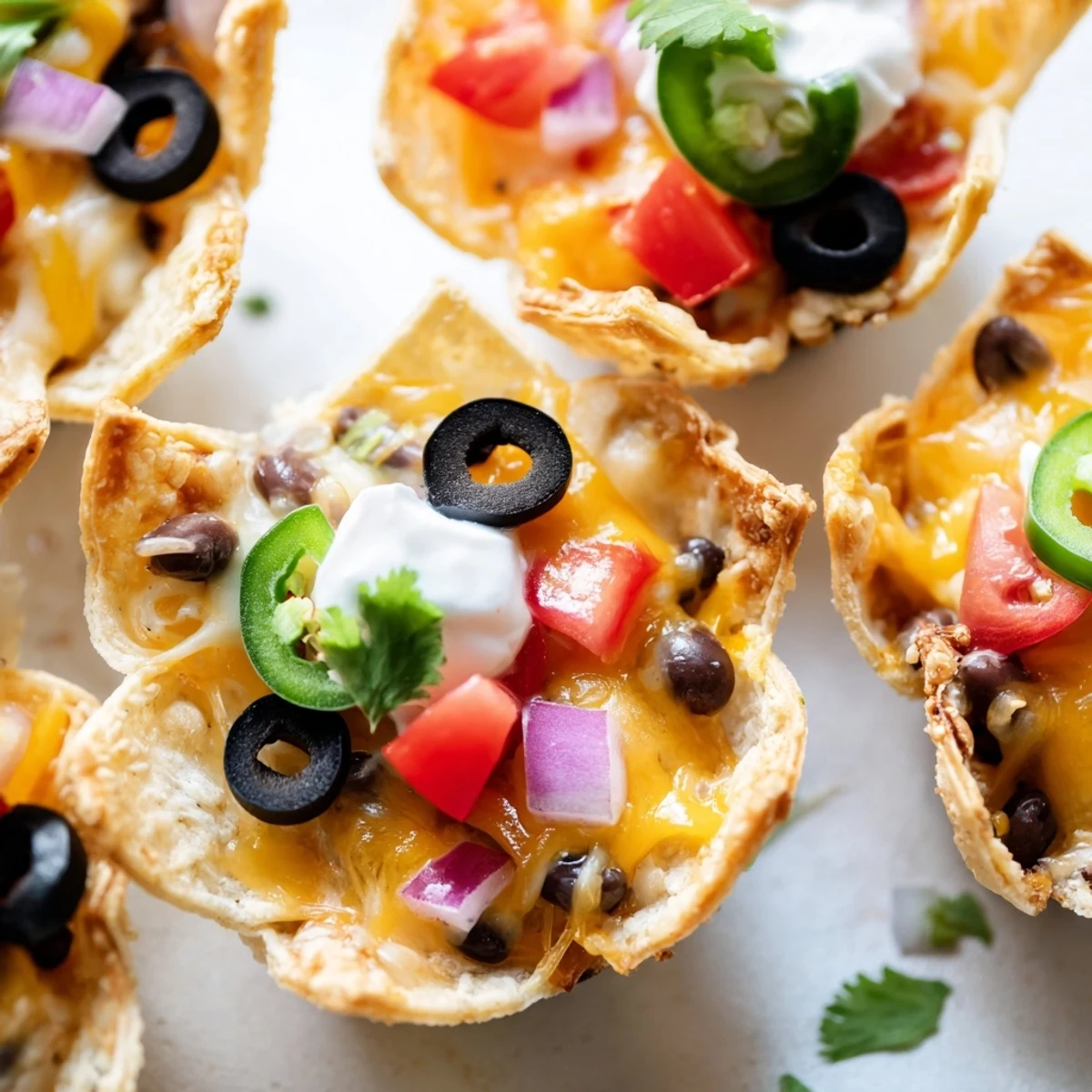 Golden cheesy nacho cups bubbling with melted cheddar and colorful fresh toppings