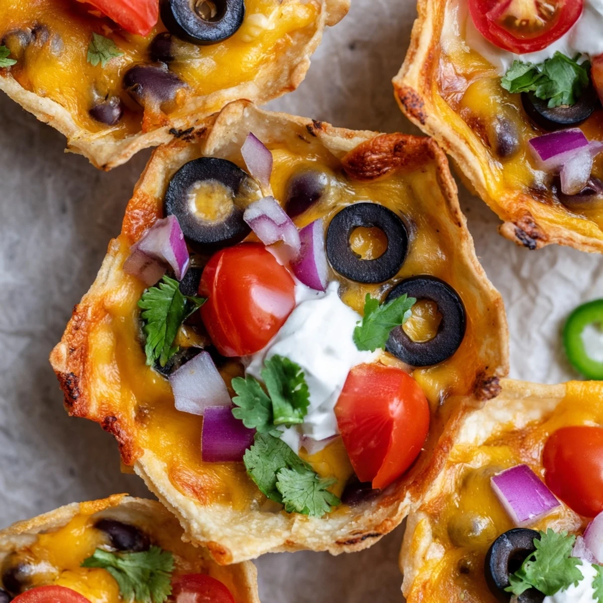 Crispy tortilla cups overflowing with gooey melted cheese and zesty garnishes