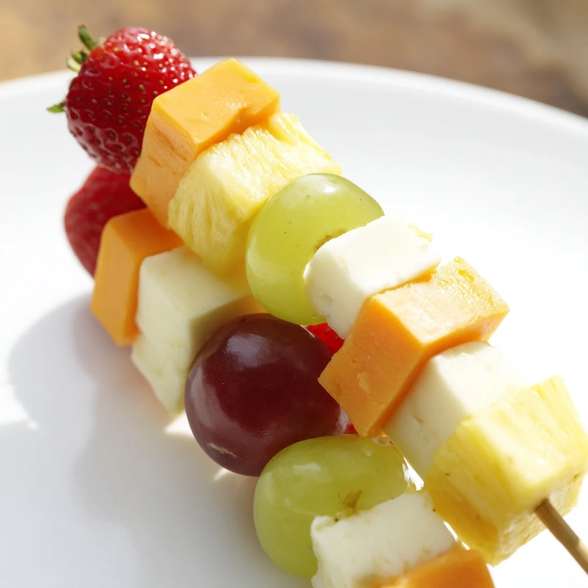 Colorful fruit and cheese kabobs arranged on a platter with grapes, strawberries, pineapple, and cheddar cubes