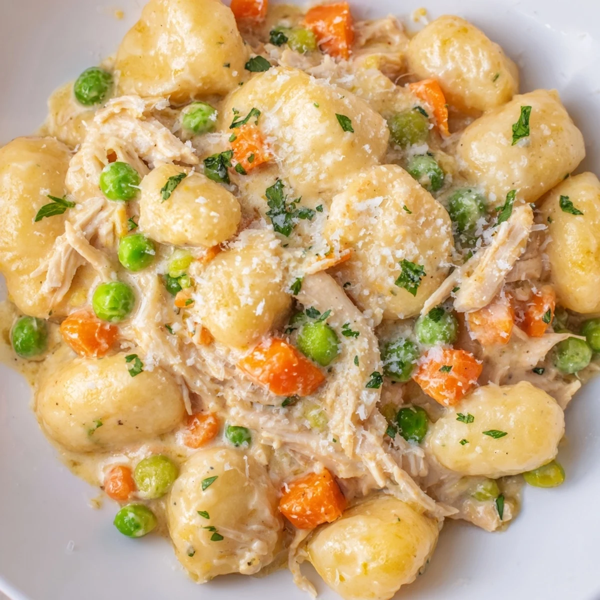Creamy one pot gnocchi chicken pot pie in a golden skillet with tender vegetables