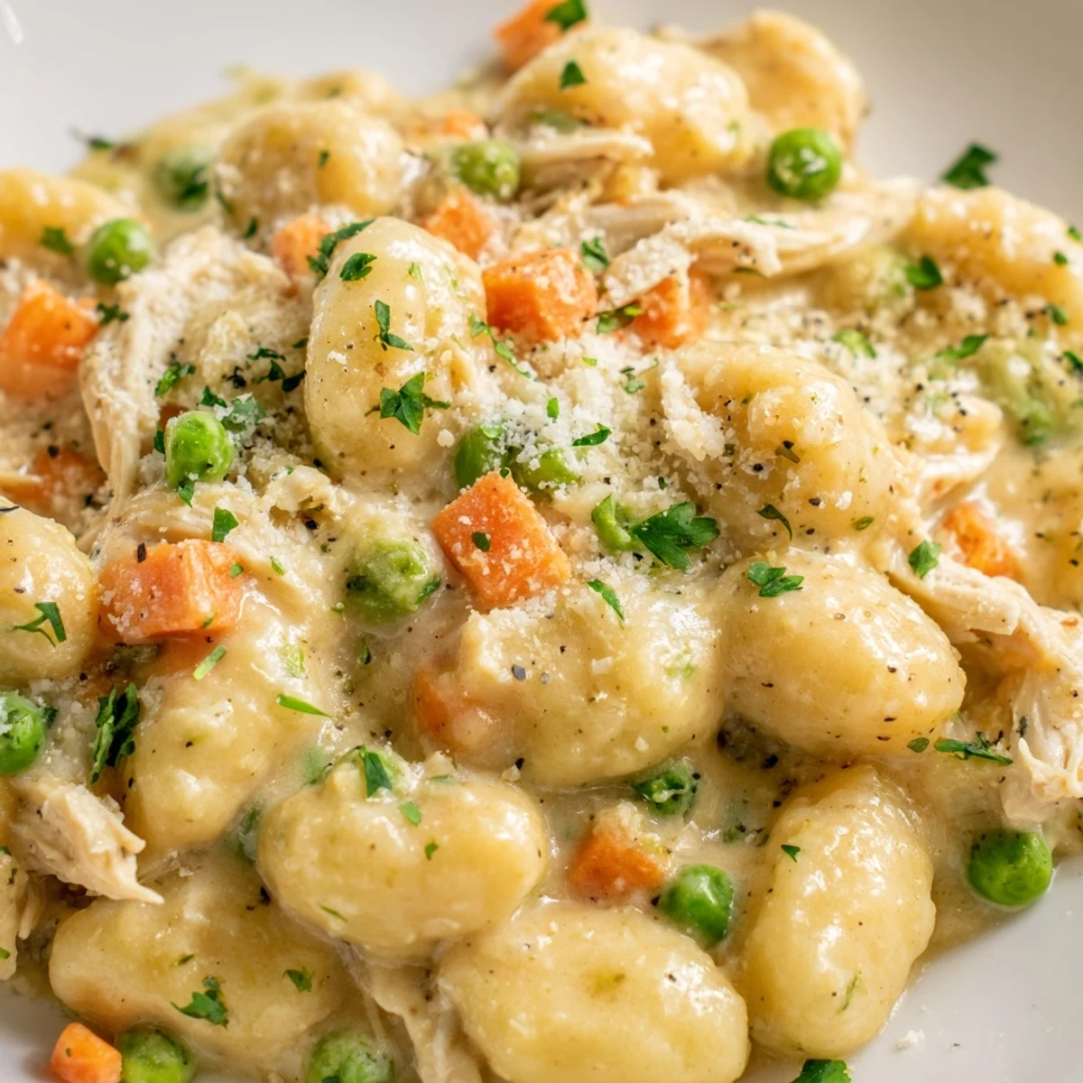 One pot gnocchi chicken pot pie topped with fresh parsley and melted Parmesan