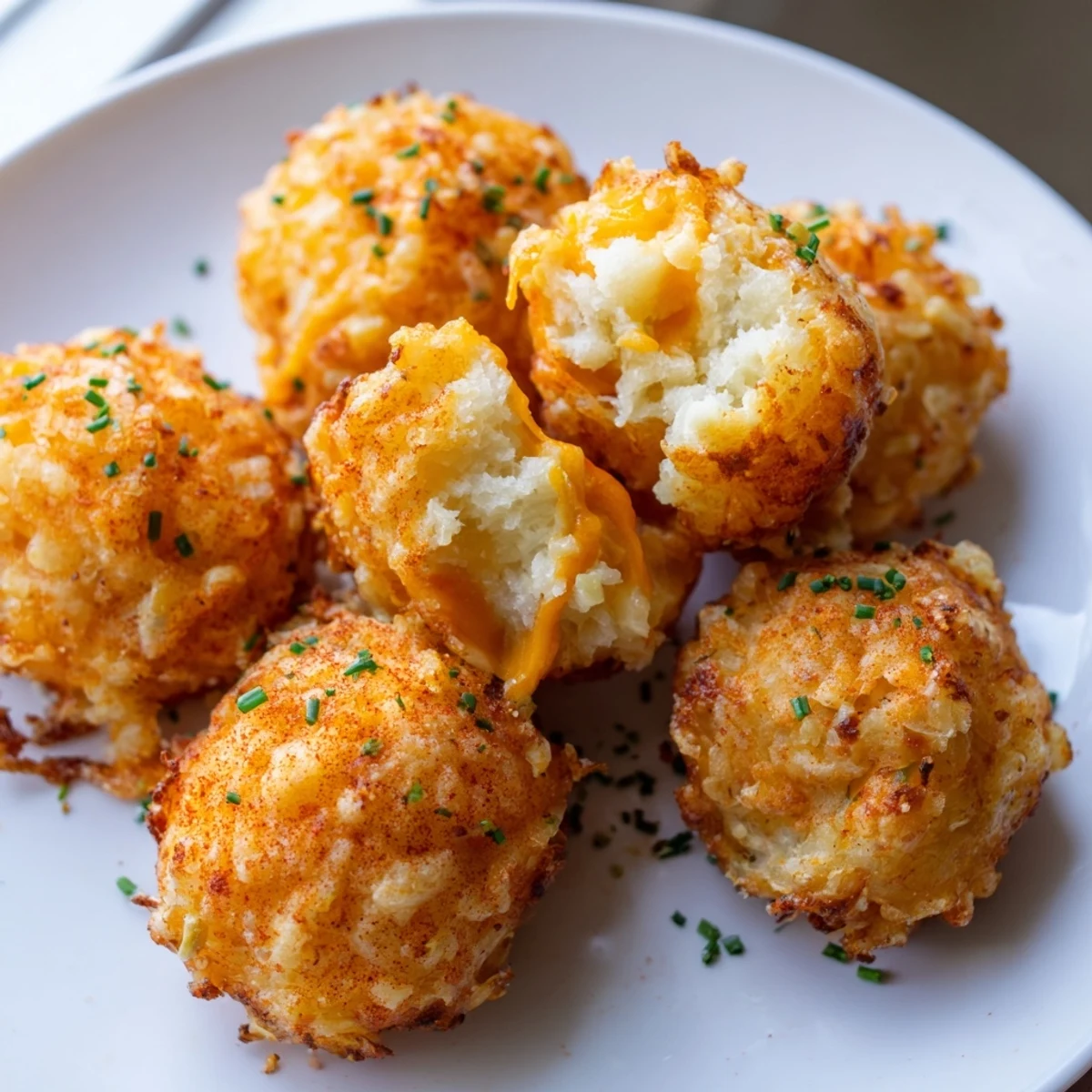 Golden Mashed Potato Cheese Puffs arranged on a baking sheet with melted butter sheen
