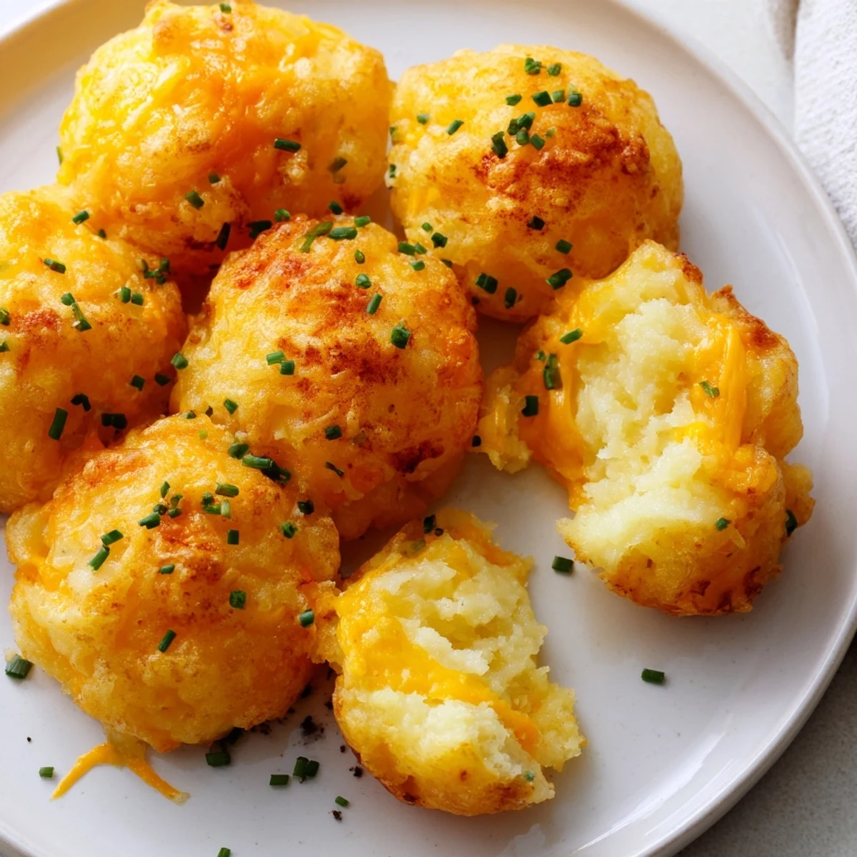Crispy Mashed Potato Cheese Puffs with chives served warm alongside creamy dipping sauce