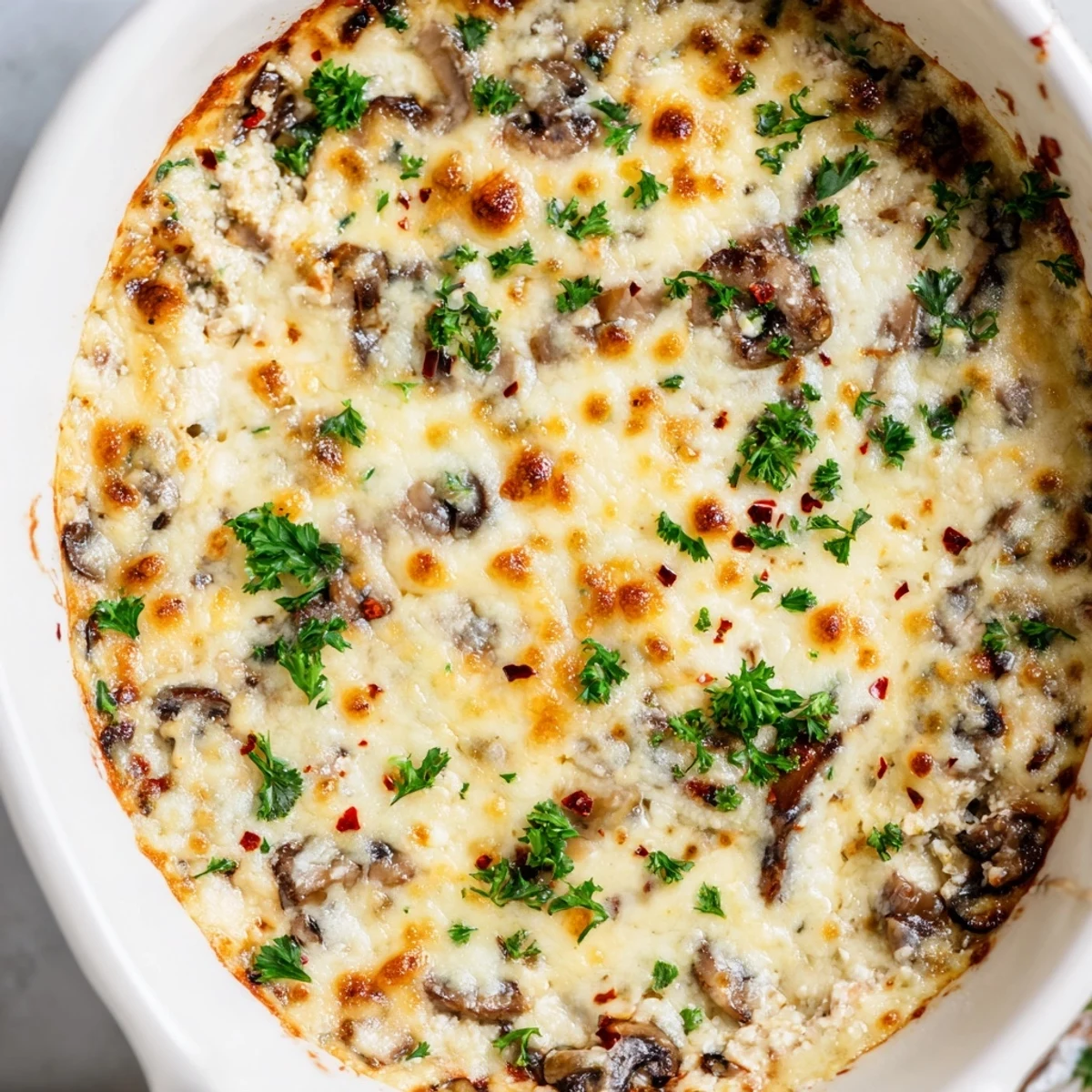 Creamy stuffed mushroom dip in a golden bubbly skillet ready for party serving