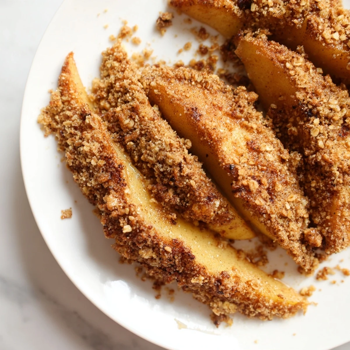 Golden crispy air fryer apple slices coated in warm cinnamon sugar served on a white plate