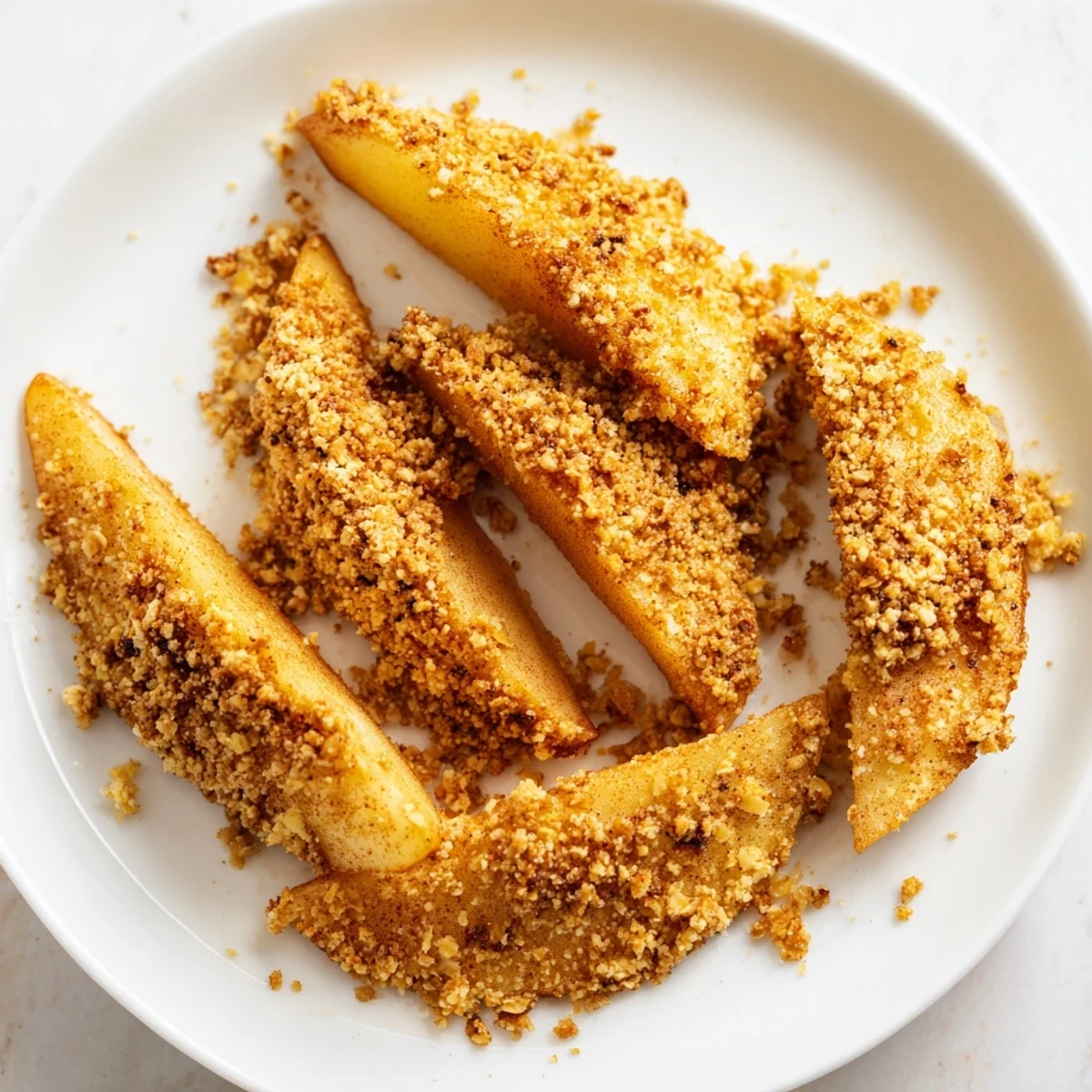 Tender crispy air fryer apples with oat topping stacked in a rustic ceramic bowl