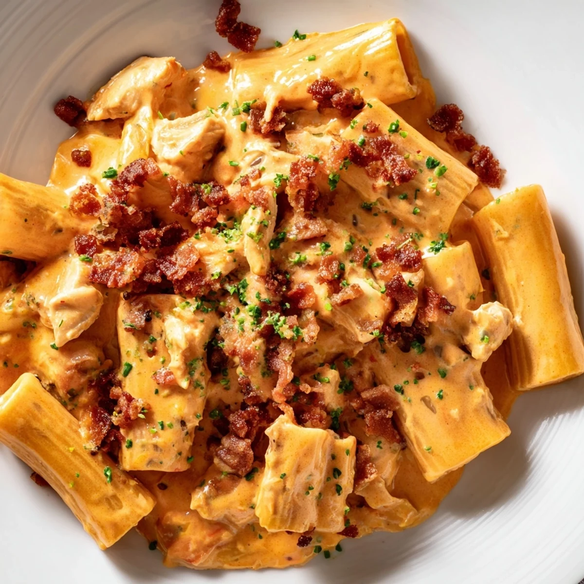 Creamy crack chicken pasta topped with crispy beef bacon and fresh green herbs in white bowl