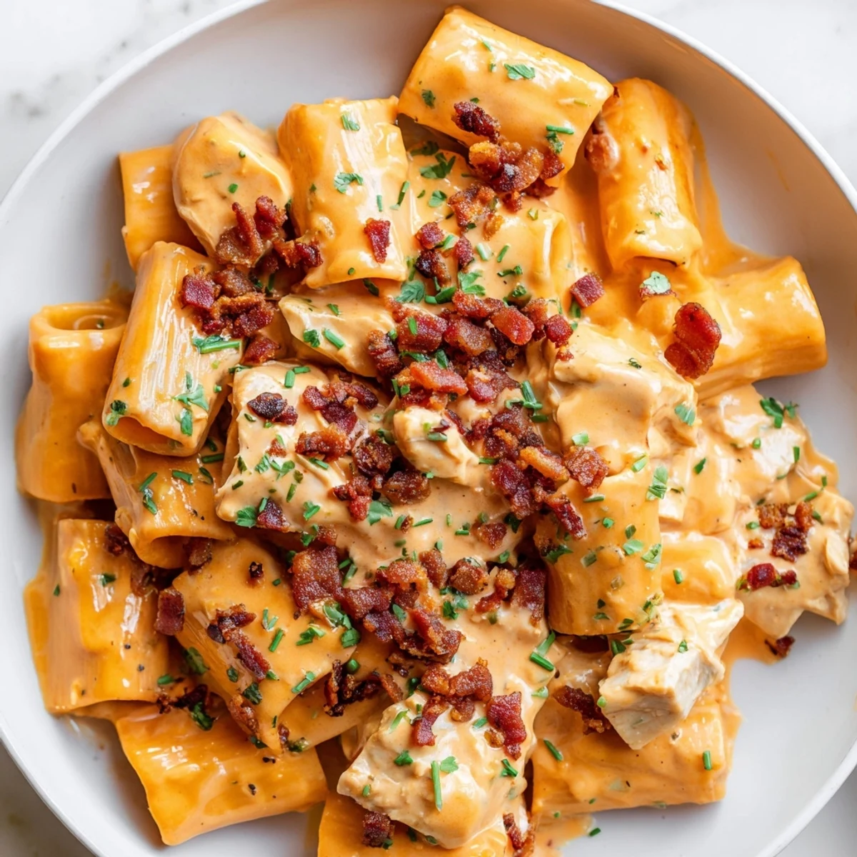 Golden tender chicken pieces coated in creamy crack chicken pasta sauce with melted cheddar cheese