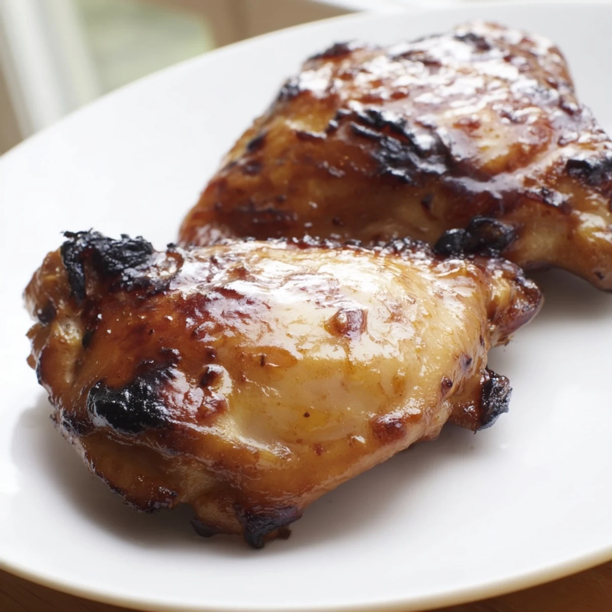 Glistening savory glazed chicken with herb rice and golden roasted potato wedges on a white plate