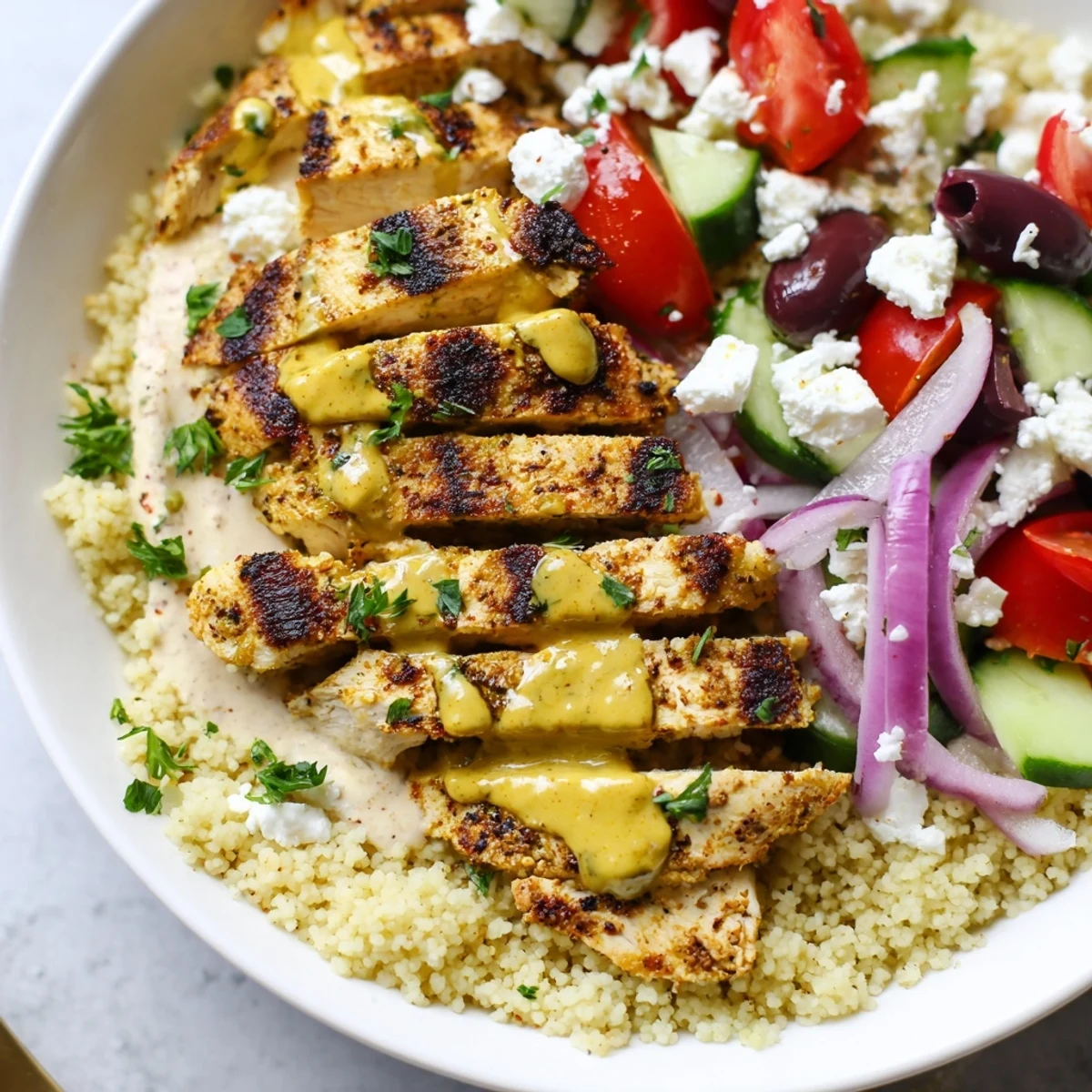 Golden Mediterranean chicken couscous bowl topped with fresh vegetables and creamy tahini drizzle