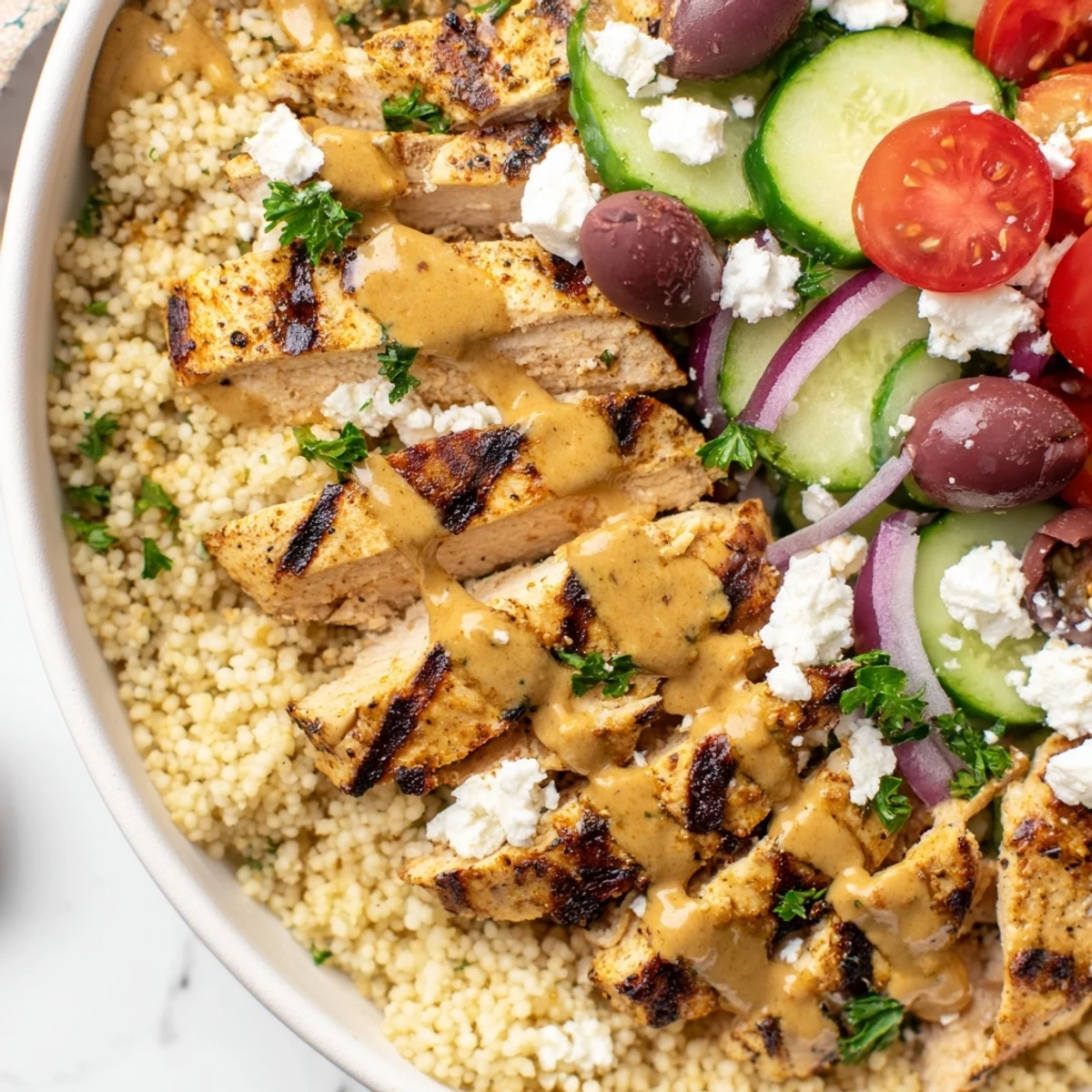 Colorful Mediterranean chicken couscous bowl featuring tender spiced meat and crisp cucumber tomato salad