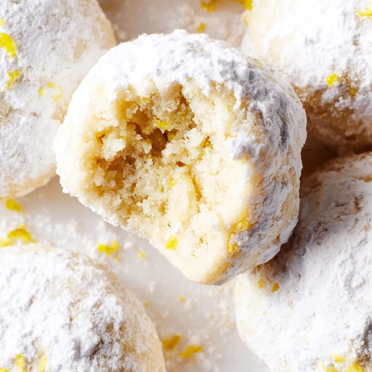 Powdered sugar coated Lemon Meltaways arranged on rustic wooden board with citrus slices
