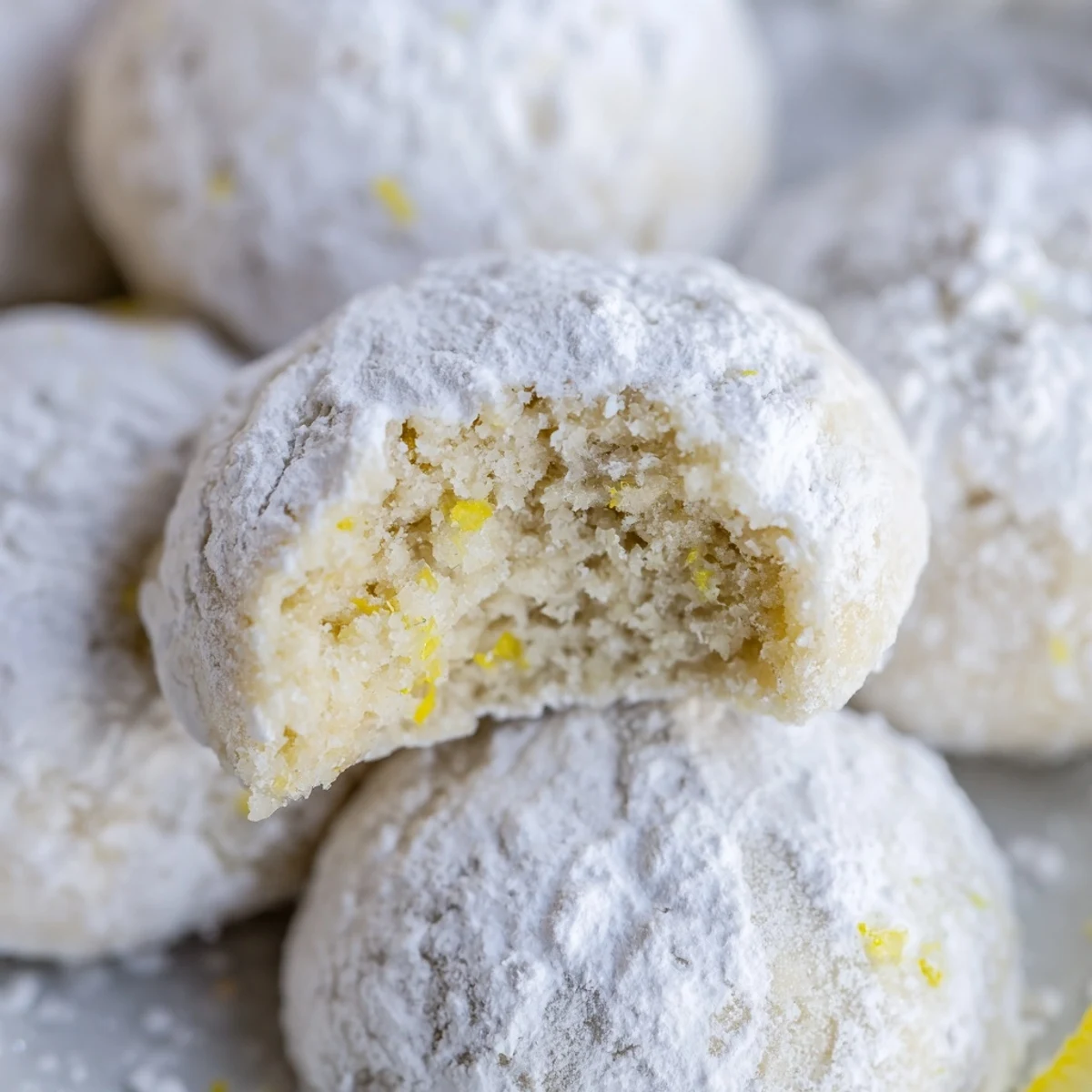 Golden Lemon Meltaways cookies dusted with white sugar beside steaming teacup