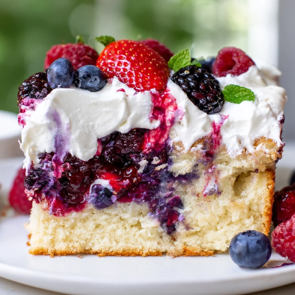 Moist summer berry poke cake topped with fresh strawberries blueberries and fluffy whipped cream