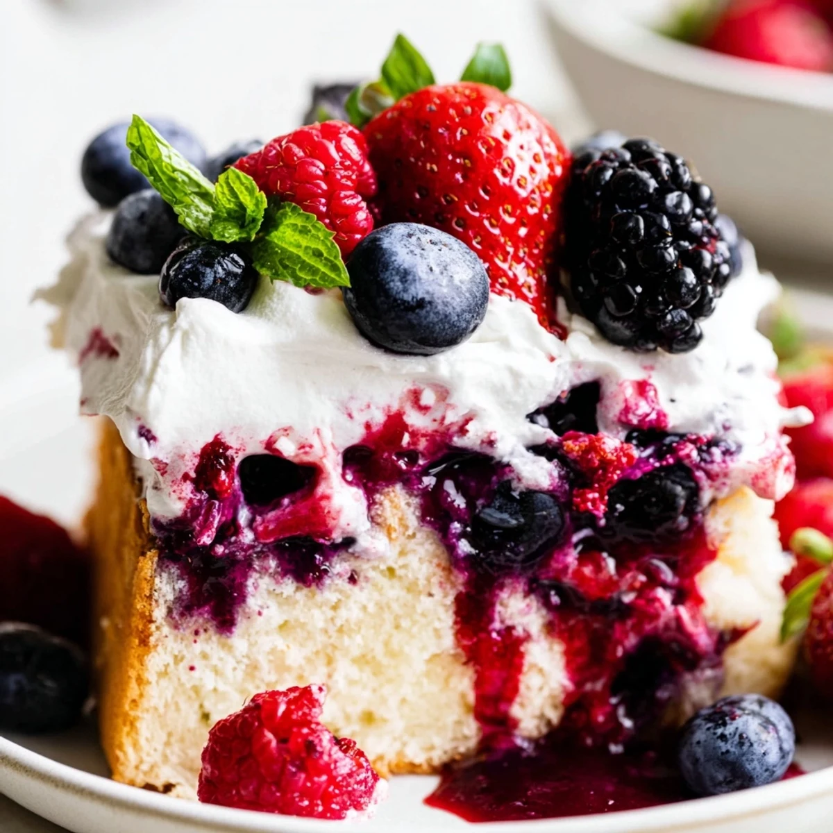 Vibrant summer berry poke cake sliced to reveal ruby berry filling soaked into tender vanilla layers