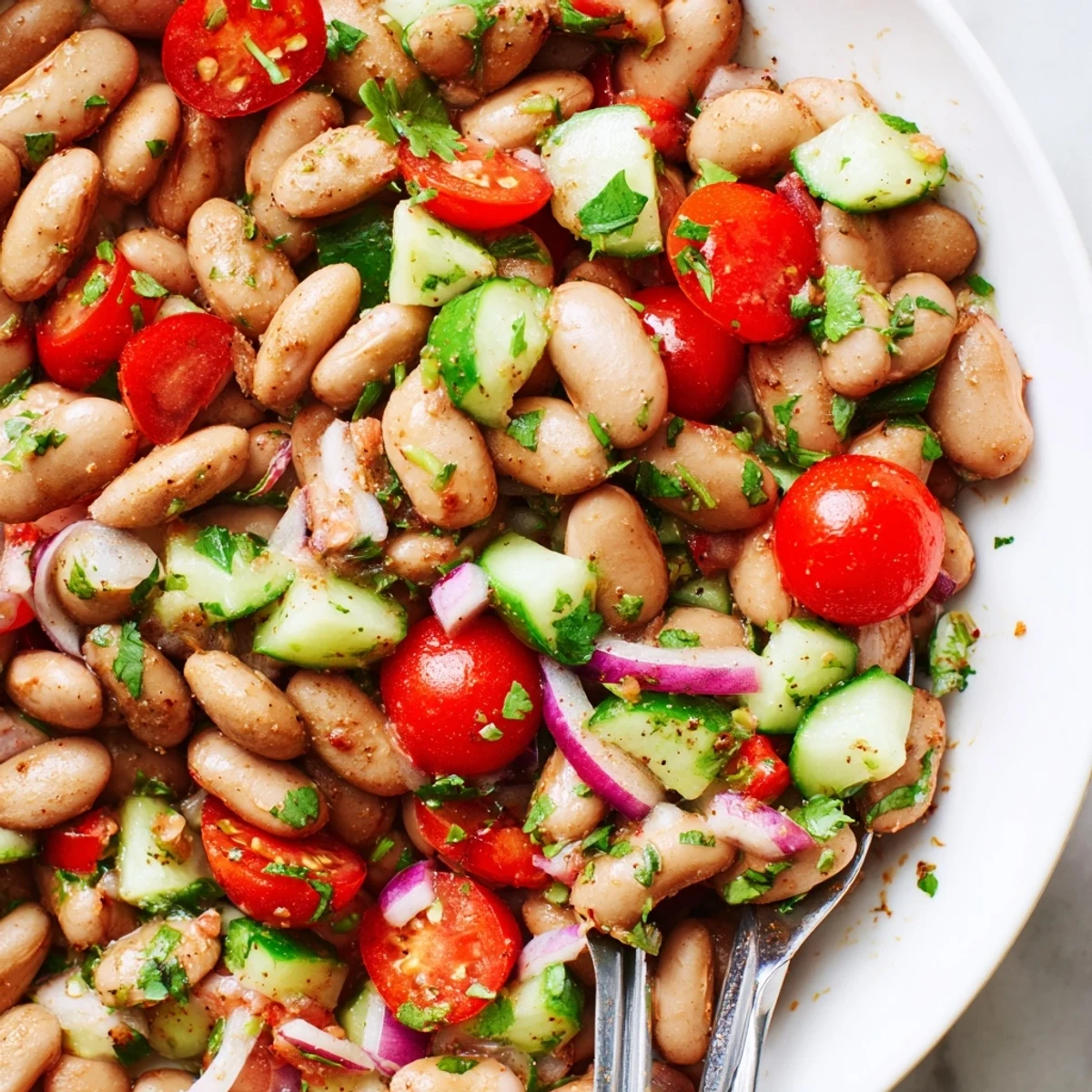 Creamy pinto beans tossed with crisp bell pepper and cilantro in a rustic dish