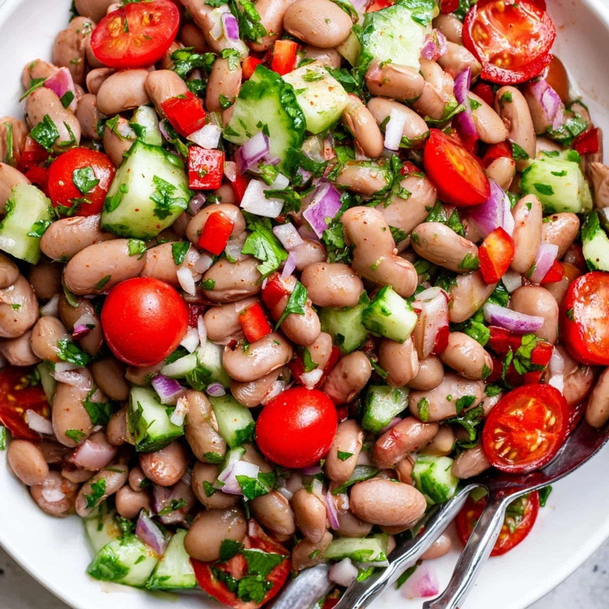 Bright pinto bean salad topped with diced cucumber and a tangy cumin vinaigrette