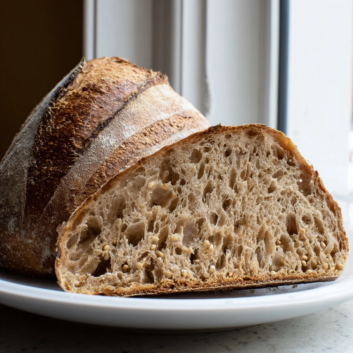 Golden sourdough bread loaf with a crackled crust resting on a wire rack
