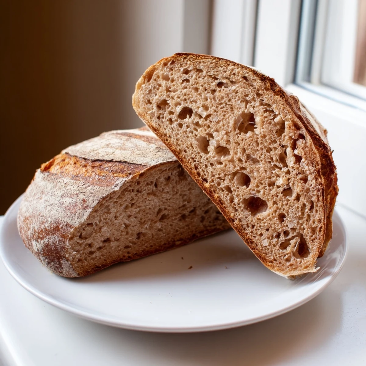 Crusty sourdough bread sliced open to reveal a soft chewy interior crumb